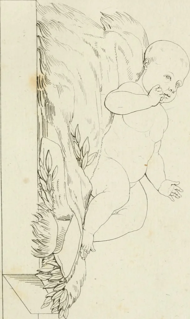 An illustration from Annales du musée et de l'école moderne des beaux-arts : recueil de gravures au trait, d'après les principaux ouvrages de peinture, sculpture, ou projets d'architecture, qui, chaque année, ont remporté le prix, soit aux écoles spéciales, soit aux concours nationaux : les productions des artistes en tous genres, qui, aux différentes expositions, ont été citées avec éloges : les morceaux les plus estimés ou inédits de la galerie de peinture : la suite complète de celle des antiques : édifices anciens et modernes, etc., 1800, leaf 106