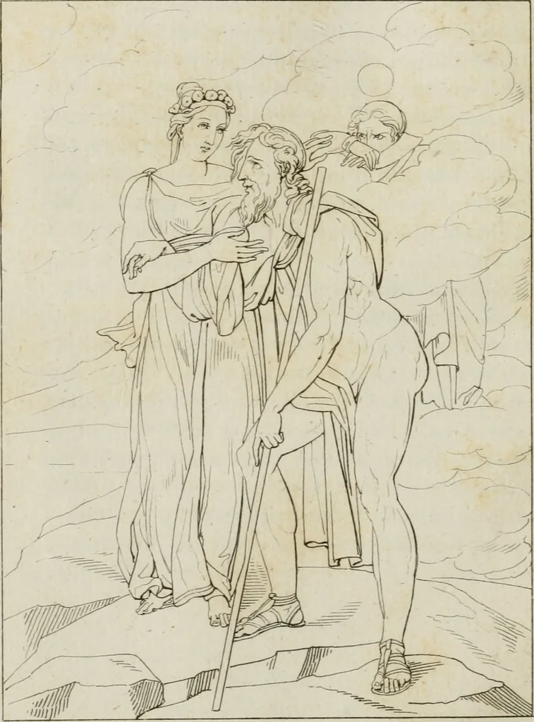 An illustration from Annales du musée et de l'école moderne des beaux-arts : recueil de gravures au trait, d'après les principaux ouvrages de peinture, sculpture, ou projets d'architecture, qui, chaque année, ont remporté le prix, soit aux écoles spéciales, soit aux concours nationaux : les productions des artistes en tous genres, qui, aux différentes expositions, ont été citées avec éloges : les morceaux les plus estimés ou inédits de la galerie de peinture : la suite complète de celle des antiques : édifices anciens et modernes, etc., 1800, leaf 113