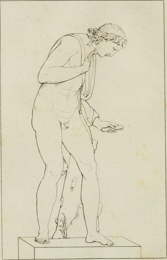 An illustration from Annales du musée et de l'école moderne des beaux-arts : recueil de gravures au trait, d'après les principaux ouvrages de peinture, sculpture, ou projets d'architecture, qui, chaque année, ont remporté le prix, soit aux écoles spéciales, soit aux concours nationaux : les productions des artistes en tous genres, qui, aux différentes expositions, ont été citées avec éloges : les morceaux les plus estimés ou inédits de la galerie de peinture : la suite complète de celle des antiques : édifices anciens et modernes, etc., 1800, leaf 117
