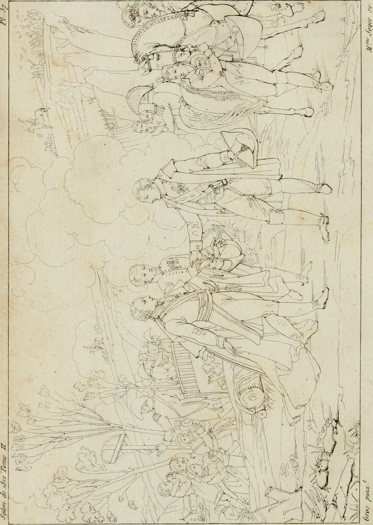An illustration from Annales du musée et de l'école moderne des beaux-arts : recueil de gravures au trait, d'après les principaux ouvrages de peinture, sculpture, ou projets d'architecture, qui, chaque année, ont remporté le prix, soit aux écoles spéciales, soit aux concours nationaux : les productions des artistes en tous genres, qui, aux différentes expositions, ont été citées avec éloges : les morceaux les plus estimés ou inédits de la galerie de peinture : la suite complète de celle des antiques : édifices anciens et modernes, etc., 1800, leaf 125