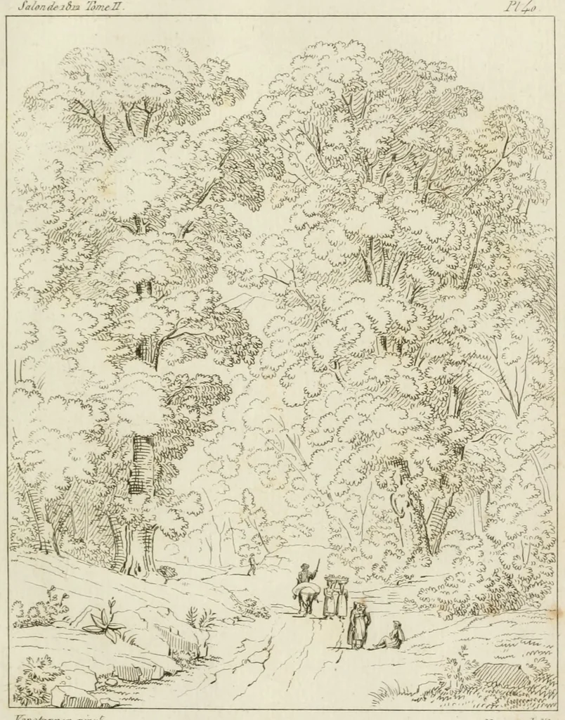 An illustration from Annales du musée et de l'école moderne des beaux-arts : recueil de gravures au trait, d'après les principaux ouvrages de peinture, sculpture, ou projets d'architecture, qui, chaque année, ont remporté le prix, soit aux écoles spéciales, soit aux concours nationaux : les productions des artistes en tous genres, qui, aux différentes expositions, ont été citées avec éloges : les morceaux les plus estimés ou inédits de la galerie de peinture : la suite complète de celle des antiques : édifices anciens et modernes, etc., 1800, leaf 136