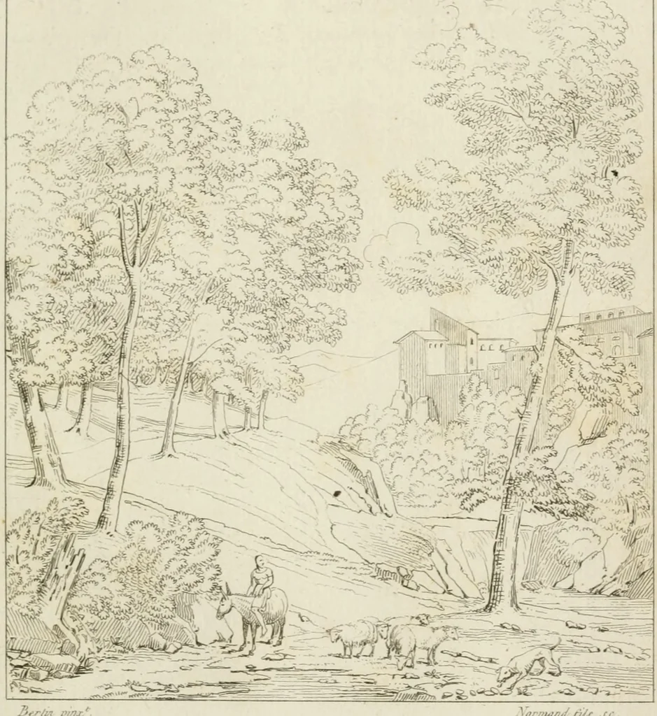 An illustration from Annales du musée et de l'école moderne des beaux-arts : recueil de gravures au trait, d'après les principaux ouvrages de peinture, sculpture, ou projets d'architecture, qui, chaque année, ont remporté le prix, soit aux écoles spéciales, soit aux concours nationaux : les productions des artistes en tous genres, qui, aux différentes expositions, ont été citées avec éloges : les morceaux les plus estimés ou inédits de la galerie de peinture : la suite complète de celle des antiques : édifices anciens et modernes, etc., 1800, leaf 146