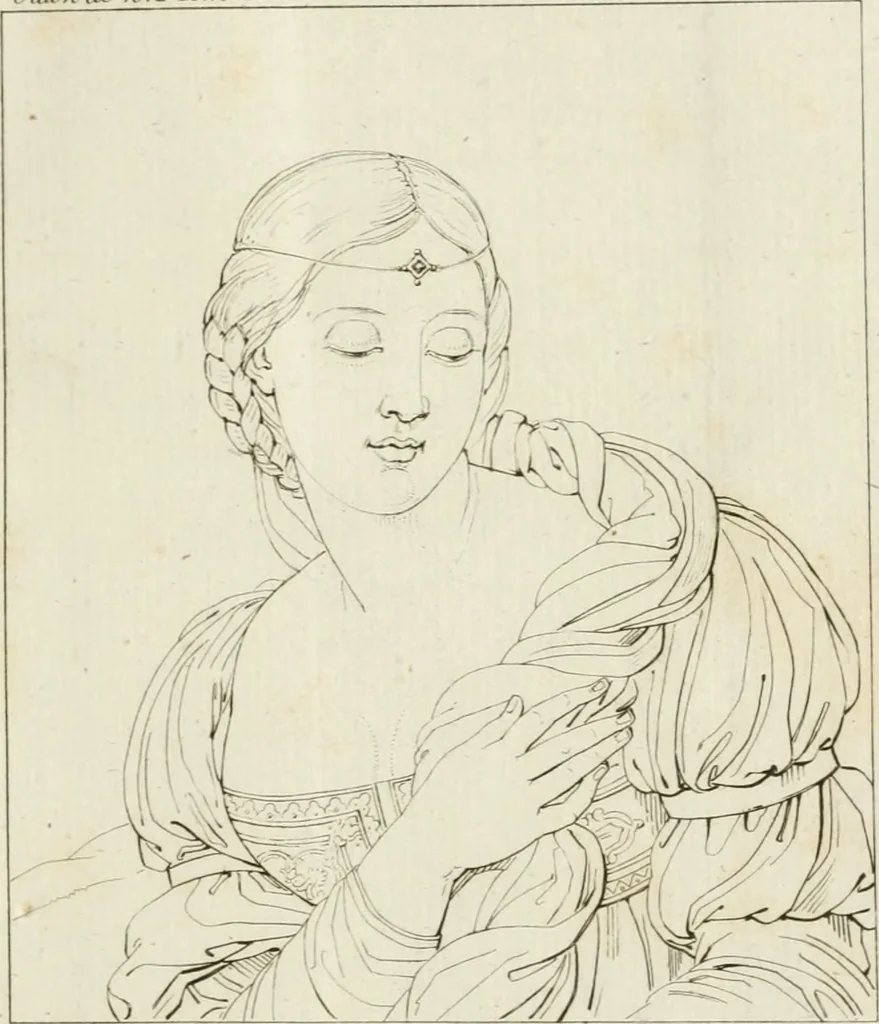 An illustration from Annales du musée et de l'école moderne des beaux-arts : recueil de gravures au trait, d'après les principaux ouvrages de peinture, sculpture, ou projets d'architecture, qui, chaque année, ont remporté le prix, soit aux écoles spéciales, soit aux concours nationaux : les productions des artistes en tous genres, qui, aux différentes expositions, ont été citées avec éloges : les morceaux les plus estimés ou inédits de la galerie de peinture : la suite complète de celle des antiques : édifices anciens et modernes, etc., 1800, leaf 16