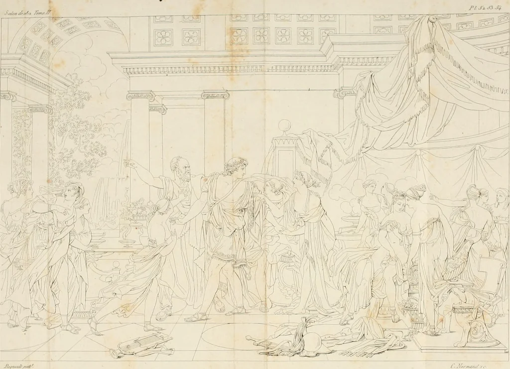An illustration from Annales du musée et de l'école moderne des beaux-arts : recueil de gravures au trait, d'après les principaux ouvrages de peinture, sculpture, ou projets d'architecture, qui, chaque année, ont remporté le prix, soit aux écoles spéciales, soit aux concours nationaux : les productions des artistes en tous genres, qui, aux différentes expositions, ont été citées avec éloges : les morceaux les plus estimés ou inédits de la galerie de peinture : la suite complète de celle des antiques : édifices anciens et modernes, etc., 1800, leaf 172