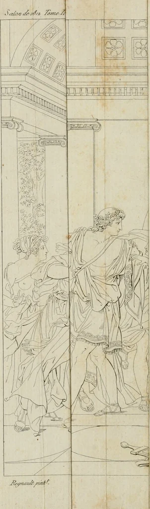 An illustration from Annales du musée et de l'école moderne des beaux-arts : recueil de gravures au trait, d'après les principaux ouvrages de peinture, sculpture, ou projets d'architecture, qui, chaque année, ont remporté le prix, soit aux écoles spéciales, soit aux concours nationaux : les productions des artistes en tous genres, qui, aux différentes expositions, ont été citées avec éloges : les morceaux les plus estimés ou inédits de la galerie de peinture : la suite complète de celle des antiques : édifices anciens et modernes, etc., 1800, leaf 173