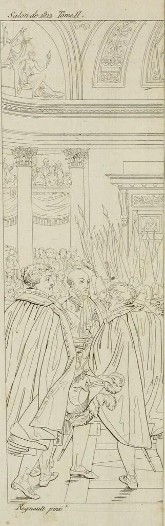 An illustration from Annales du musée et de l'école moderne des beaux-arts : recueil de gravures au trait, d'après les principaux ouvrages de peinture, sculpture, ou projets d'architecture, qui, chaque année, ont remporté le prix, soit aux écoles spéciales, soit aux concours nationaux : les productions des artistes en tous genres, qui, aux différentes expositions, ont été citées avec éloges : les morceaux les plus estimés ou inédits de la galerie de peinture : la suite complète de celle des antiques : édifices anciens et modernes, etc., 1800, leaf 179