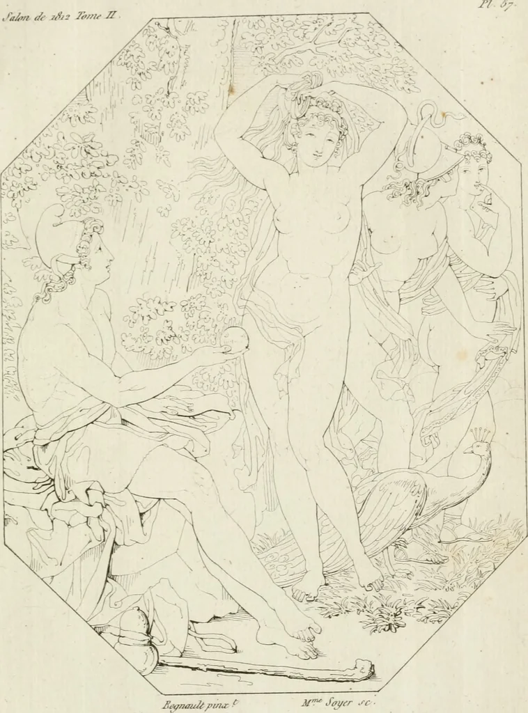 An illustration from Annales du musée et de l'école moderne des beaux-arts : recueil de gravures au trait, d'après les principaux ouvrages de peinture, sculpture, ou projets d'architecture, qui, chaque année, ont remporté le prix, soit aux écoles spéciales, soit aux concours nationaux : les productions des artistes en tous genres, qui, aux différentes expositions, ont été citées avec éloges : les morceaux les plus estimés ou inédits de la galerie de peinture : la suite complète de celle des antiques : édifices anciens et modernes, etc., 1800, leaf 182