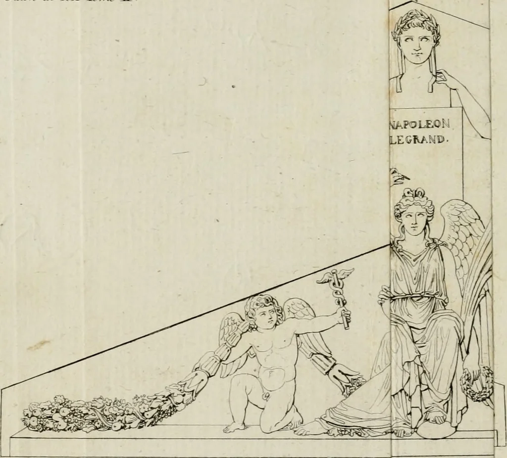 An illustration from Annales du musée et de l'école moderne des beaux-arts : recueil de gravures au trait, d'après les principaux ouvrages de peinture, sculpture, ou projets d'architecture, qui, chaque année, ont remporté le prix, soit aux écoles spéciales, soit aux concours nationaux : les productions des artistes en tous genres, qui, aux différentes expositions, ont été citées avec éloges : les morceaux les plus estimés ou inédits de la galerie de peinture : la suite complète de celle des antiques : édifices anciens et modernes, etc., 1800, leaf 185