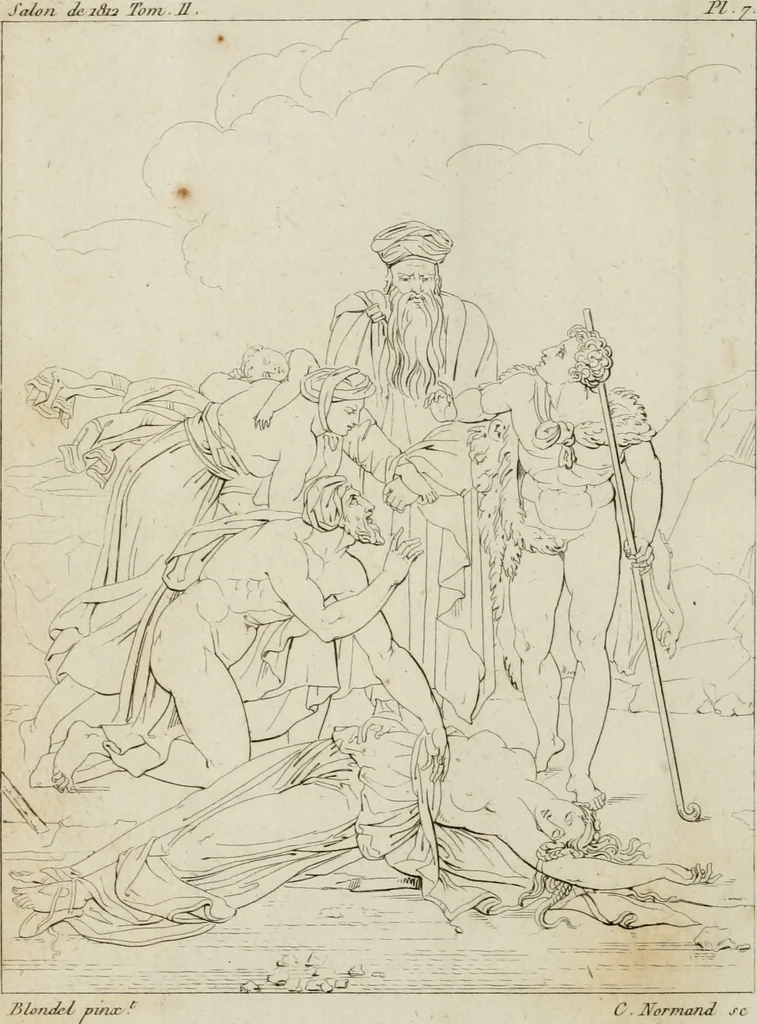 An illustration from Annales du musée et de l'école moderne des beaux-arts : recueil de gravures au trait, d'après les principaux ouvrages de peinture, sculpture, ou projets d'architecture, qui, chaque année, ont remporté le prix, soit aux écoles spéciales, soit aux concours nationaux : les productions des artistes en tous genres, qui, aux différentes expositions, ont été citées avec éloges : les morceaux les plus estimés ou inédits de la galerie de peinture : la suite complète de celle des antiques : édifices anciens et modernes, etc., 1800, leaf 19