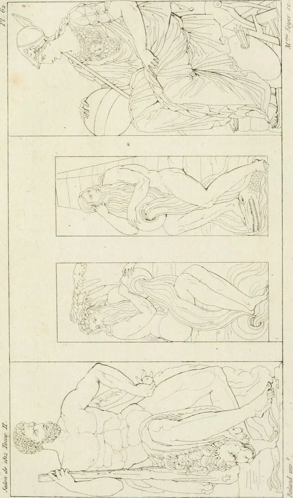 An illustration from Annales du musée et de l'école moderne des beaux-arts : recueil de gravures au trait, d'après les principaux ouvrages de peinture, sculpture, ou projets d'architecture, qui, chaque année, ont remporté le prix, soit aux écoles spéciales, soit aux concours nationaux : les productions des artistes en tous genres, qui, aux différentes expositions, ont été citées avec éloges : les morceaux les plus estimés ou inédits de la galerie de peinture : la suite complète de celle des antiques : édifices anciens et modernes, etc., 1800, leaf 196