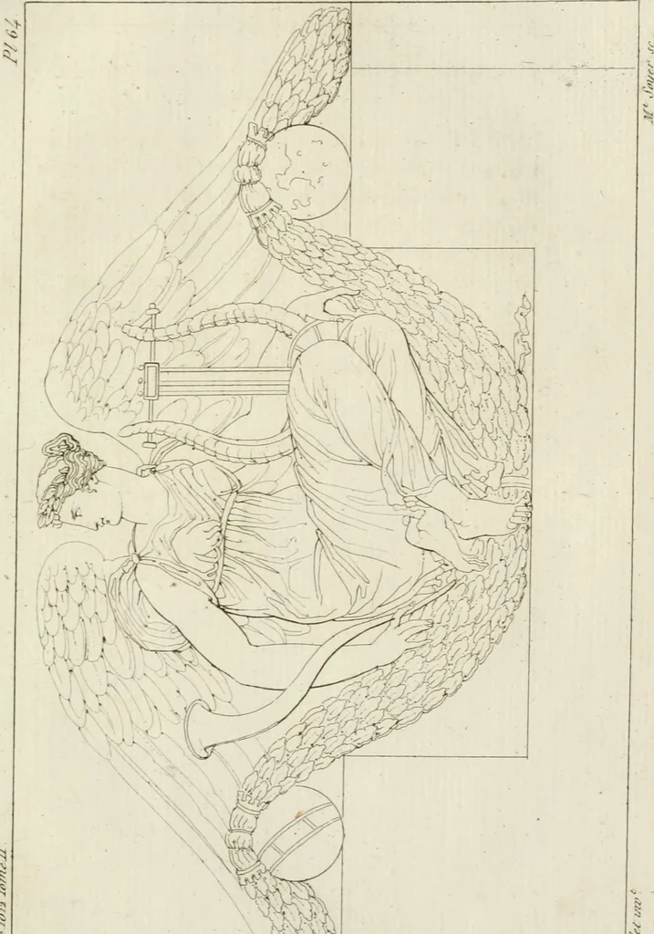An illustration from Annales du musée et de l'école moderne des beaux-arts : recueil de gravures au trait, d'après les principaux ouvrages de peinture, sculpture, ou projets d'architecture, qui, chaque année, ont remporté le prix, soit aux écoles spéciales, soit aux concours nationaux : les productions des artistes en tous genres, qui, aux différentes expositions, ont été citées avec éloges : les morceaux les plus estimés ou inédits de la galerie de peinture : la suite complète de celle des antiques : édifices anciens et modernes, etc., 1800, leaf 202