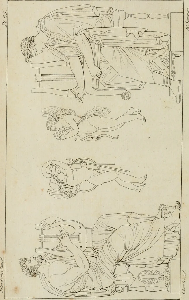 An illustration from Annales du musée et de l'école moderne des beaux-arts : recueil de gravures au trait, d'après les principaux ouvrages de peinture, sculpture, ou projets d'architecture, qui, chaque année, ont remporté le prix, soit aux écoles spéciales, soit aux concours nationaux : les productions des artistes en tous genres, qui, aux différentes expositions, ont été citées avec éloges : les morceaux les plus estimés ou inédits de la galerie de peinture : la suite complète de celle des antiques : édifices anciens et modernes, etc., 1800, leaf 205