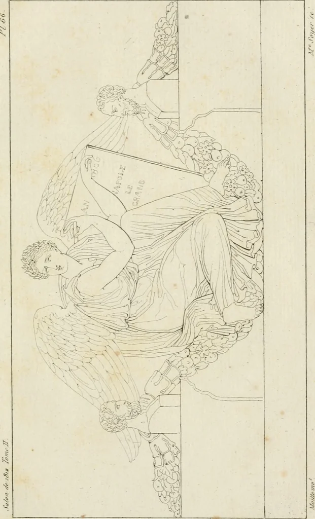 An illustration from Annales du musée et de l'école moderne des beaux-arts : recueil de gravures au trait, d'après les principaux ouvrages de peinture, sculpture, ou projets d'architecture, qui, chaque année, ont remporté le prix, soit aux écoles spéciales, soit aux concours nationaux : les productions des artistes en tous genres, qui, aux différentes expositions, ont été citées avec éloges : les morceaux les plus estimés ou inédits de la galerie de peinture : la suite complète de celle des antiques : édifices anciens et modernes, etc., 1800, leaf 208