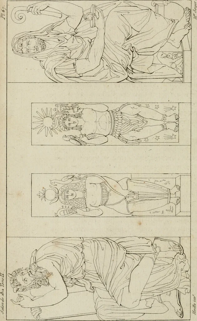 An illustration from Annales du musée et de l'école moderne des beaux-arts : recueil de gravures au trait, d'après les principaux ouvrages de peinture, sculpture, ou projets d'architecture, qui, chaque année, ont remporté le prix, soit aux écoles spéciales, soit aux concours nationaux : les productions des artistes en tous genres, qui, aux différentes expositions, ont été citées avec éloges : les morceaux les plus estimés ou inédits de la galerie de peinture : la suite complète de celle des antiques : édifices anciens et modernes, etc., 1800, leaf 211