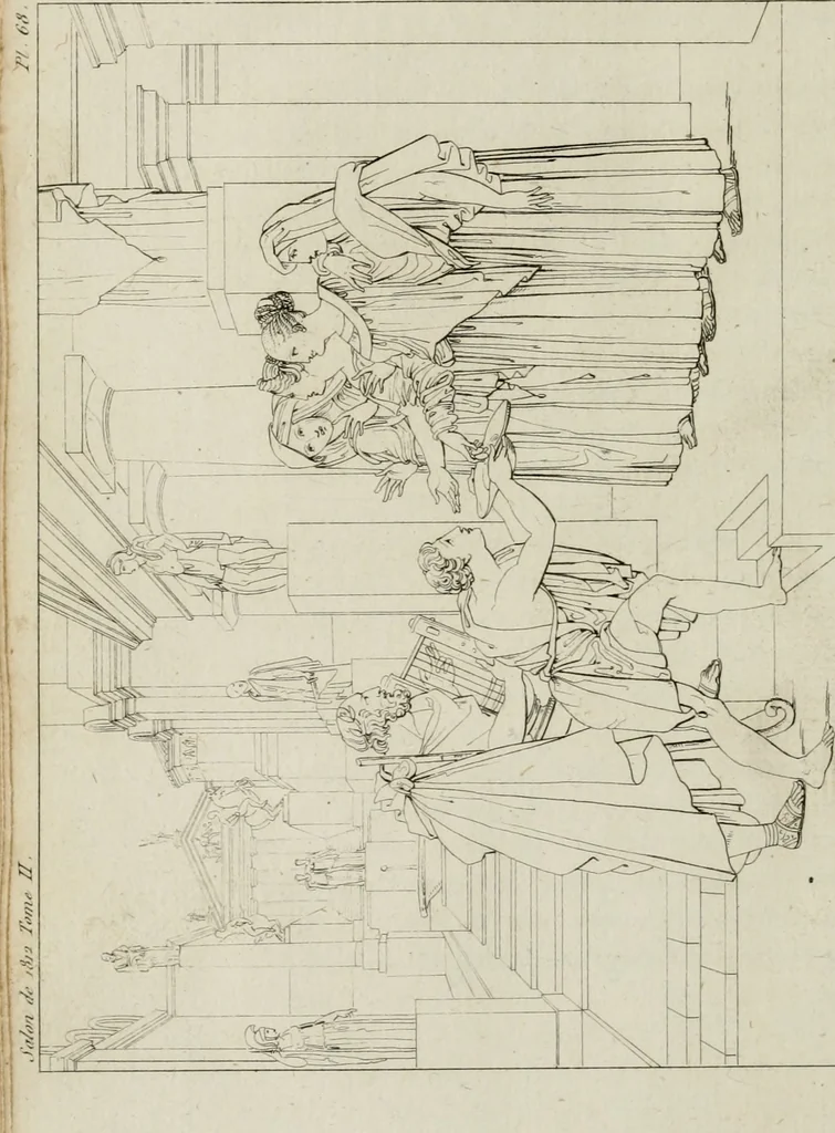 An illustration from Annales du musée et de l'école moderne des beaux-arts : recueil de gravures au trait, d'après les principaux ouvrages de peinture, sculpture, ou projets d'architecture, qui, chaque année, ont remporté le prix, soit aux écoles spéciales, soit aux concours nationaux : les productions des artistes en tous genres, qui, aux différentes expositions, ont été citées avec éloges : les morceaux les plus estimés ou inédits de la galerie de peinture : la suite complète de celle des antiques : édifices anciens et modernes, etc., 1800, leaf 215