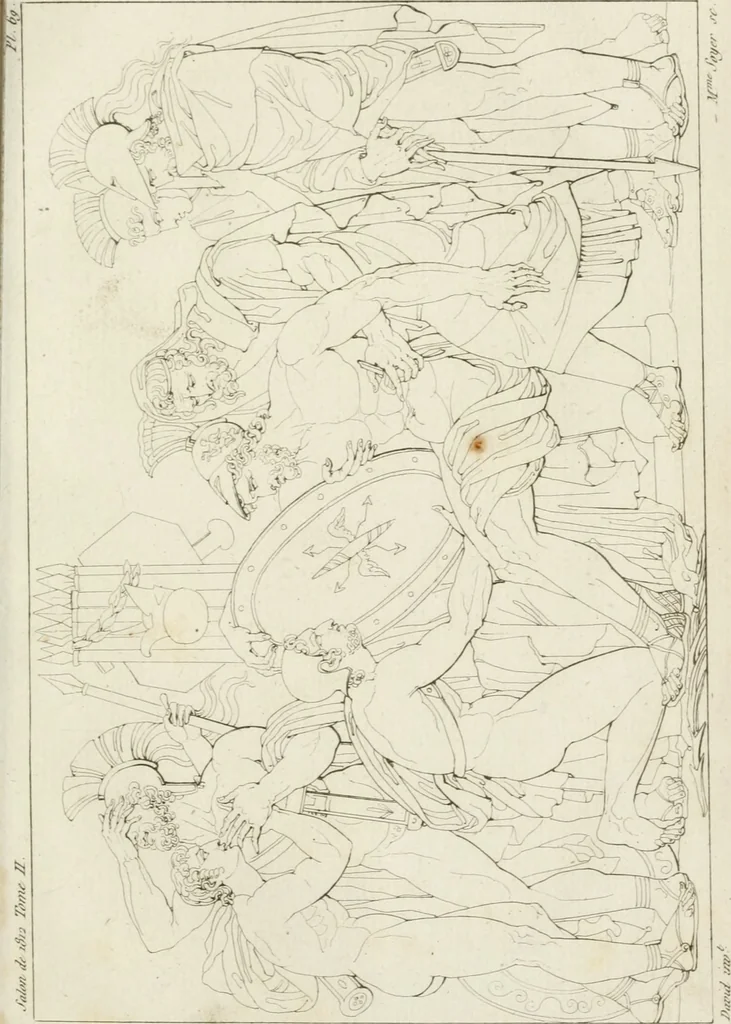 An illustration from Annales du musée et de l'école moderne des beaux-arts : recueil de gravures au trait, d'après les principaux ouvrages de peinture, sculpture, ou projets d'architecture, qui, chaque année, ont remporté le prix, soit aux écoles spéciales, soit aux concours nationaux : les productions des artistes en tous genres, qui, aux différentes expositions, ont été citées avec éloges : les morceaux les plus estimés ou inédits de la galerie de peinture : la suite complète de celle des antiques : édifices anciens et modernes, etc., 1800, leaf 218