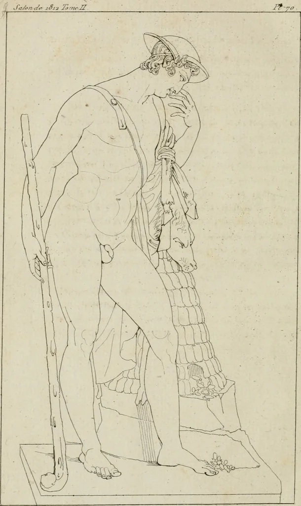 An illustration from Annales du musée et de l'école moderne des beaux-arts : recueil de gravures au trait, d'après les principaux ouvrages de peinture, sculpture, ou projets d'architecture, qui, chaque année, ont remporté le prix, soit aux écoles spéciales, soit aux concours nationaux : les productions des artistes en tous genres, qui, aux différentes expositions, ont été citées avec éloges : les morceaux les plus estimés ou inédits de la galerie de peinture : la suite complète de celle des antiques : édifices anciens et modernes, etc., 1800, leaf 221