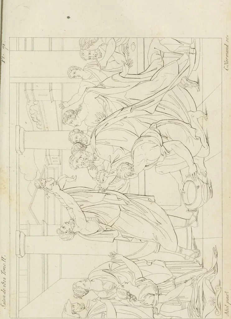 An illustration from Annales du musée et de l'école moderne des beaux-arts : recueil de gravures au trait, d'après les principaux ouvrages de peinture, sculpture, ou projets d'architecture, qui, chaque année, ont remporté le prix, soit aux écoles spéciales, soit aux concours nationaux : les productions des artistes en tous genres, qui, aux différentes expositions, ont été citées avec éloges : les morceaux les plus estimés ou inédits de la galerie de peinture : la suite complète de celle des antiques : édifices anciens et modernes, etc., 1800, leaf 224