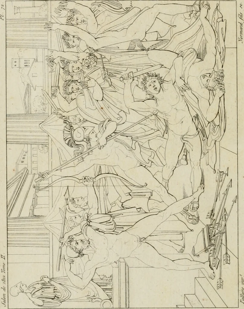 An illustration from Annales du musée et de l'école moderne des beaux-arts : recueil de gravures au trait, d'après les principaux ouvrages de peinture, sculpture, ou projets d'architecture, qui, chaque année, ont remporté le prix, soit aux écoles spéciales, soit aux concours nationaux : les productions des artistes en tous genres, qui, aux différentes expositions, ont été citées avec éloges : les morceaux les plus estimés ou inédits de la galerie de peinture : la suite complète de celle des antiques : édifices anciens et modernes, etc., 1800, leaf 227