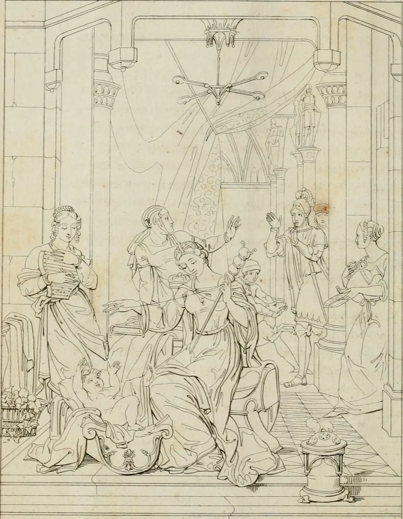 An illustration from Annales du musée et de l'école moderne des beaux-arts : recueil de gravures au trait, d'après les principaux ouvrages de peinture, sculpture, ou projets d'architecture, qui, chaque année, ont remporté le prix, soit aux écoles spéciales, soit aux concours nationaux : les productions des artistes en tous genres, qui, aux différentes expositions, ont été citées avec éloges : les morceaux les plus estimés ou inédits de la galerie de peinture : la suite complète de celle des antiques : édifices anciens et modernes, etc., 1800, leaf 23