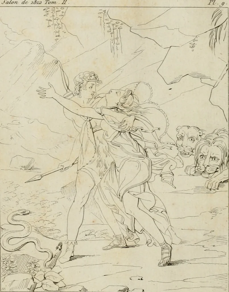 An illustration from Annales du musée et de l'école moderne des beaux-arts : recueil de gravures au trait, d'après les principaux ouvrages de peinture, sculpture, ou projets d'architecture, qui, chaque année, ont remporté le prix, soit aux écoles spéciales, soit aux concours nationaux : les productions des artistes en tous genres, qui, aux différentes expositions, ont été citées avec éloges : les morceaux les plus estimés ou inédits de la galerie de peinture : la suite complète de celle des antiques : édifices anciens et modernes, etc., 1800, leaf 29
