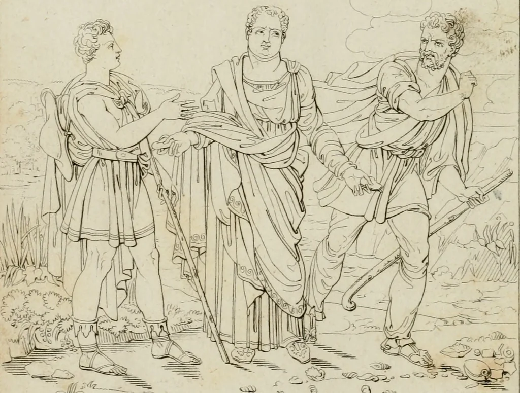 An illustration from Annales du musée et de l'école moderne des beaux-arts : recueil de gravures au trait, d'après les principaux ouvrages de peinture, sculpture, ou projets d'architecture, qui, chaque année, ont remporté le prix, soit aux écoles spéciales, soit aux concours nationaux : les productions des artistes en tous genres, qui, aux différentes expositions, ont été citées avec éloges : les morceaux les plus estimés ou inédits de la galerie de peinture : la suite complète de celle des antiques : édifices anciens et modernes, etc., 1800, leaf 33