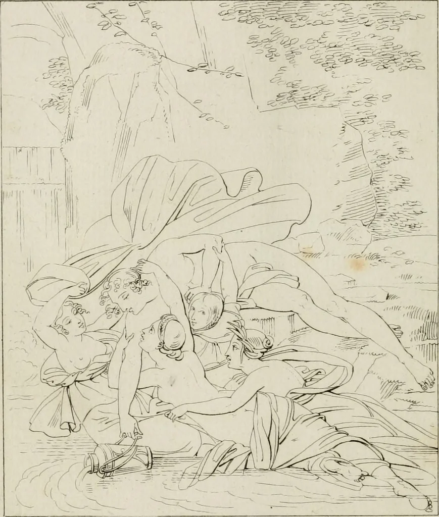 An illustration from Annales du musée et de l'école moderne des beaux-arts : recueil de gravures au trait, d'après les principaux ouvrages de peinture, sculpture, ou projets d'architecture, qui, chaque année, ont remporté le prix, soit aux écoles spéciales, soit aux concours nationaux : les productions des artistes en tous genres, qui, aux différentes expositions, ont été citées avec éloges : les morceaux les plus estimés ou inédits de la galerie de peinture : la suite complète de celle des antiques : édifices anciens et modernes, etc., 1800, leaf 45