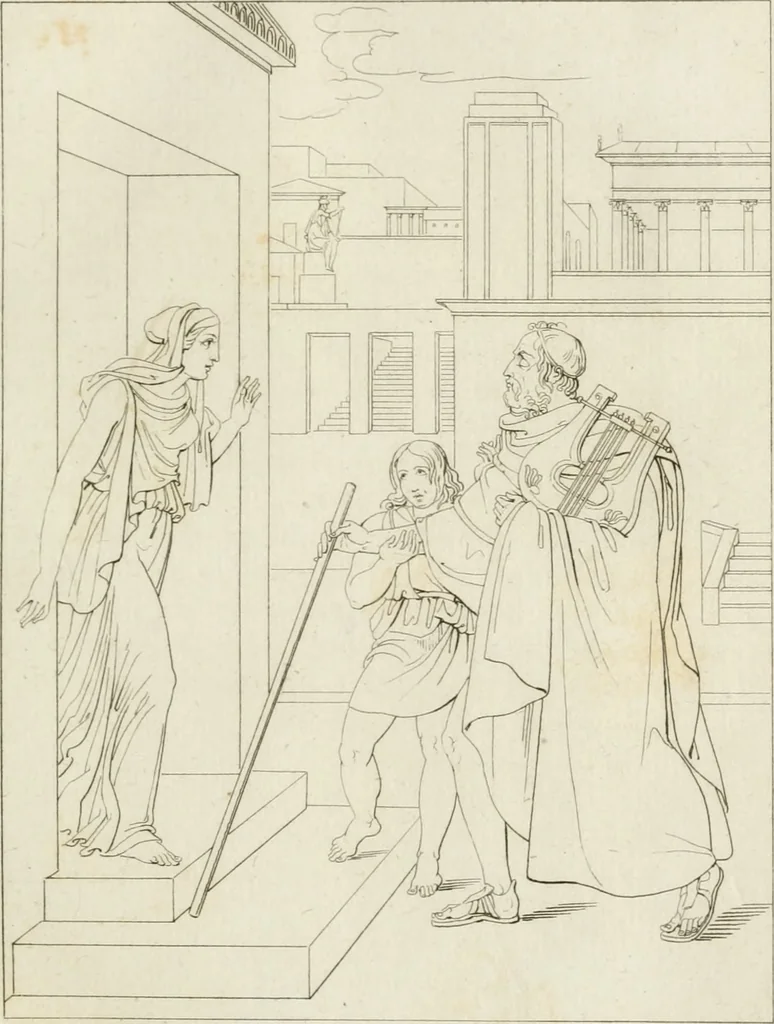 An illustration from Annales du musée et de l'école moderne des beaux-arts : recueil de gravures au trait, d'après les principaux ouvrages de peinture, sculpture, ou projets d'architecture, qui, chaque année, ont remporté le prix, soit aux écoles spéciales, soit aux concours nationaux : les productions des artistes en tous genres, qui, aux différentes expositions, ont été citées avec éloges : les morceaux les plus estimés ou inédits de la galerie de peinture : la suite complète de celle des antiques : édifices anciens et modernes, etc., 1800, leaf 52