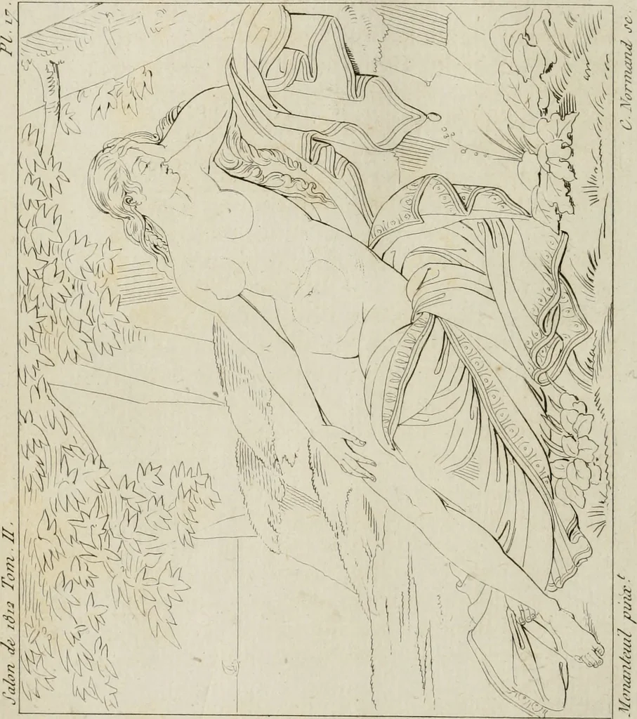 An illustration from Annales du musée et de l'école moderne des beaux-arts : recueil de gravures au trait, d'après les principaux ouvrages de peinture, sculpture, ou projets d'architecture, qui, chaque année, ont remporté le prix, soit aux écoles spéciales, soit aux concours nationaux : les productions des artistes en tous genres, qui, aux différentes expositions, ont été citées avec éloges : les morceaux les plus estimés ou inédits de la galerie de peinture : la suite complète de celle des antiques : édifices anciens et modernes, etc., 1800, leaf 55