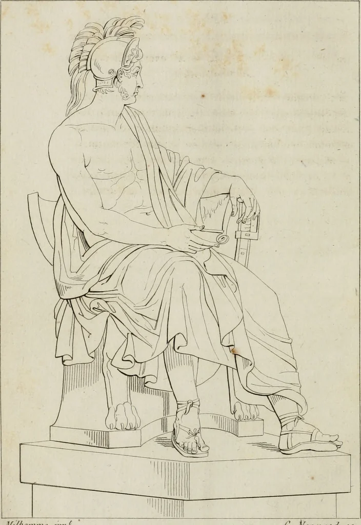 An illustration from Annales du musée et de l'école moderne des beaux-arts : recueil de gravures au trait, d'après les principaux ouvrages de peinture, sculpture, ou projets d'architecture, qui, chaque année, ont remporté le prix, soit aux écoles spéciales, soit aux concours nationaux : les productions des artistes en tous genres, qui, aux différentes expositions, ont été citées avec éloges : les morceaux les plus estimés ou inédits de la galerie de peinture : la suite complète de celle des antiques : édifices anciens et modernes, etc., 1800, leaf 59