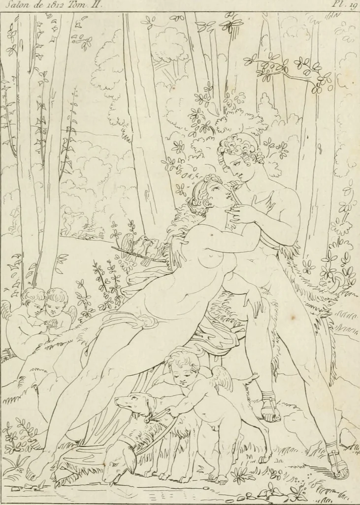 An illustration from Annales du musée et de l'école moderne des beaux-arts : recueil de gravures au trait, d'après les principaux ouvrages de peinture, sculpture, ou projets d'architecture, qui, chaque année, ont remporté le prix, soit aux écoles spéciales, soit aux concours nationaux : les productions des artistes en tous genres, qui, aux différentes expositions, ont été citées avec éloges : les morceaux les plus estimés ou inédits de la galerie de peinture : la suite complète de celle des antiques : édifices anciens et modernes, etc., 1800, leaf 62