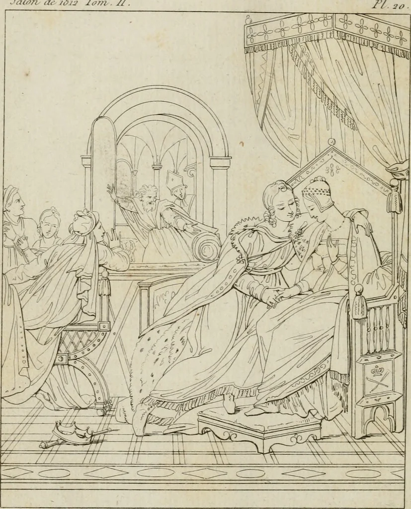 An illustration from Annales du musée et de l'école moderne des beaux-arts : recueil de gravures au trait, d'après les principaux ouvrages de peinture, sculpture, ou projets d'architecture, qui, chaque année, ont remporté le prix, soit aux écoles spéciales, soit aux concours nationaux : les productions des artistes en tous genres, qui, aux différentes expositions, ont été citées avec éloges : les morceaux les plus estimés ou inédits de la galerie de peinture : la suite complète de celle des antiques : édifices anciens et modernes, etc., 1800, leaf 65