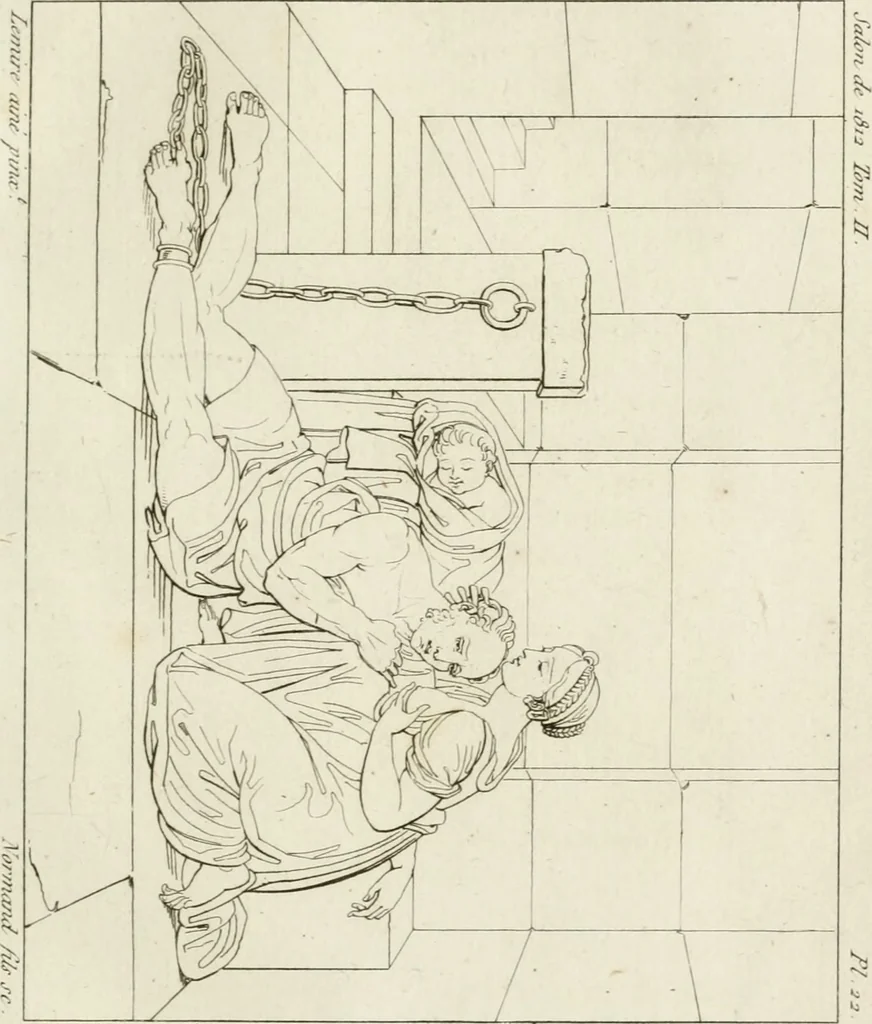 An illustration from Annales du musée et de l'école moderne des beaux-arts : recueil de gravures au trait, d'après les principaux ouvrages de peinture, sculpture, ou projets d'architecture, qui, chaque année, ont remporté le prix, soit aux écoles spéciales, soit aux concours nationaux : les productions des artistes en tous genres, qui, aux différentes expositions, ont été citées avec éloges : les morceaux les plus estimés ou inédits de la galerie de peinture : la suite complète de celle des antiques : édifices anciens et modernes, etc., 1800, leaf 72