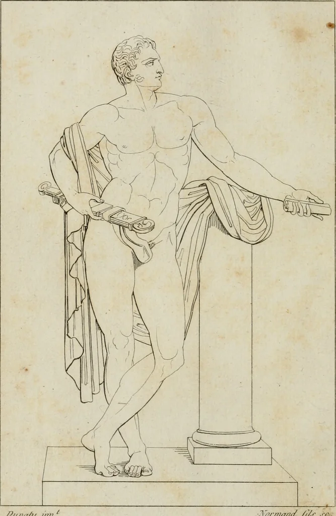 An illustration from Annales du musée et de l'école moderne des beaux-arts : recueil de gravures au trait, d'après les principaux ouvrages de peinture, sculpture, ou projets d'architecture, qui, chaque année, ont remporté le prix, soit aux écoles spéciales, soit aux concours nationaux : les productions des artistes en tous genres, qui, aux différentes expositions, ont été citées avec éloges : les morceaux les plus estimés ou inédits de la galerie de peinture : la suite complète de celle des antiques : édifices anciens et modernes, etc., 1800, leaf 79