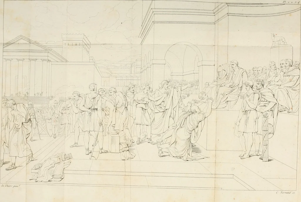 An illustration from Annales du musée et de l'école moderne des beaux-arts : recueil de gravures au trait, d'après les principaux ouvrages de peinture, sculpture, ou projets d'architecture, qui, chaque année, ont remporté le prix, soit aux écoles spéciales, soit aux concours nationaux : les productions des artistes en tous genres, qui, aux différentes expositions, ont été citées avec éloges : les morceaux les plus estimés ou inédits de la galerie de peinture : la suite complète de celle des antiques : édifices anciens et modernes, etc., 1800, leaf 8
