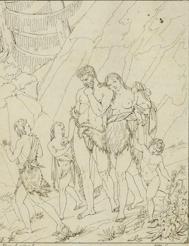 An illustration from Annales du musée et de l'école moderne des beaux-arts : recueil de gravures au trait, d'après les principaux ouvrages de peinture, sculpture, ou projets d'architecture, qui, chaque année, ont remporté le prix, soit aux écoles spéciales, soit aux concours nationaux : les productions des artistes en tous genres, qui, aux différentes expositions, ont été citées avec éloges : les morceaux les plus estimés ou inédits de la galerie de peinture : la suite complète de celle des antiques : édifices anciens et modernes, etc., 1800, leaf 85