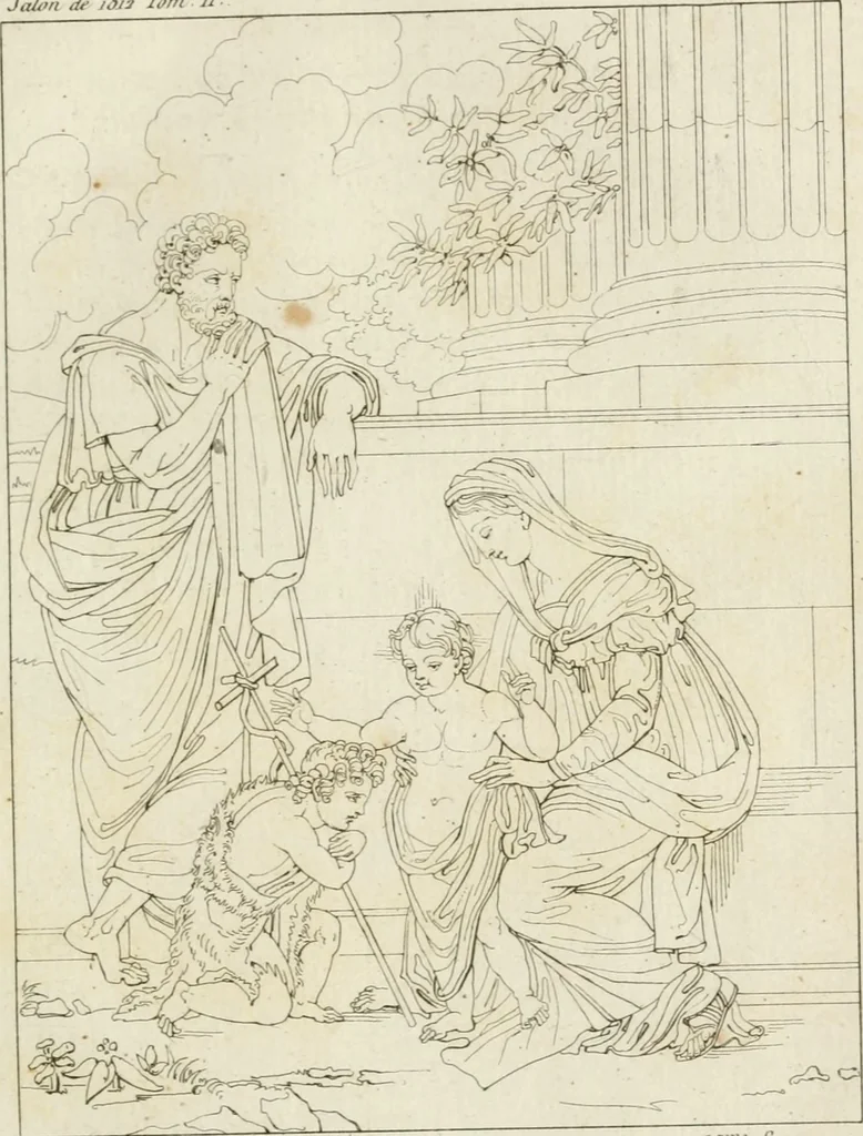 An illustration from Annales du musée et de l'école moderne des beaux-arts : recueil de gravures au trait, d'après les principaux ouvrages de peinture, sculpture, ou projets d'architecture, qui, chaque année, ont remporté le prix, soit aux écoles spéciales, soit aux concours nationaux : les productions des artistes en tous genres, qui, aux différentes expositions, ont été citées avec éloges : les morceaux les plus estimés ou inédits de la galerie de peinture : la suite complète de celle des antiques : édifices anciens et modernes, etc., 1800, leaf 88