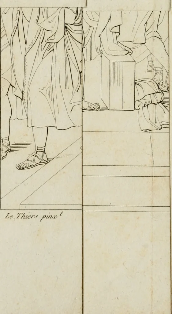 An illustration from Annales du musée et de l'école moderne des beaux-arts : recueil de gravures au trait, d'après les principaux ouvrages de peinture, sculpture, ou projets d'architecture, qui, chaque année, ont remporté le prix, soit aux écoles spéciales, soit aux concours nationaux : les productions des artistes en tous genres, qui, aux différentes expositions, ont été citées avec éloges : les morceaux les plus estimés ou inédits de la galerie de peinture : la suite complète de celle des antiques : édifices anciens et modernes, etc., 1800, leaf 9