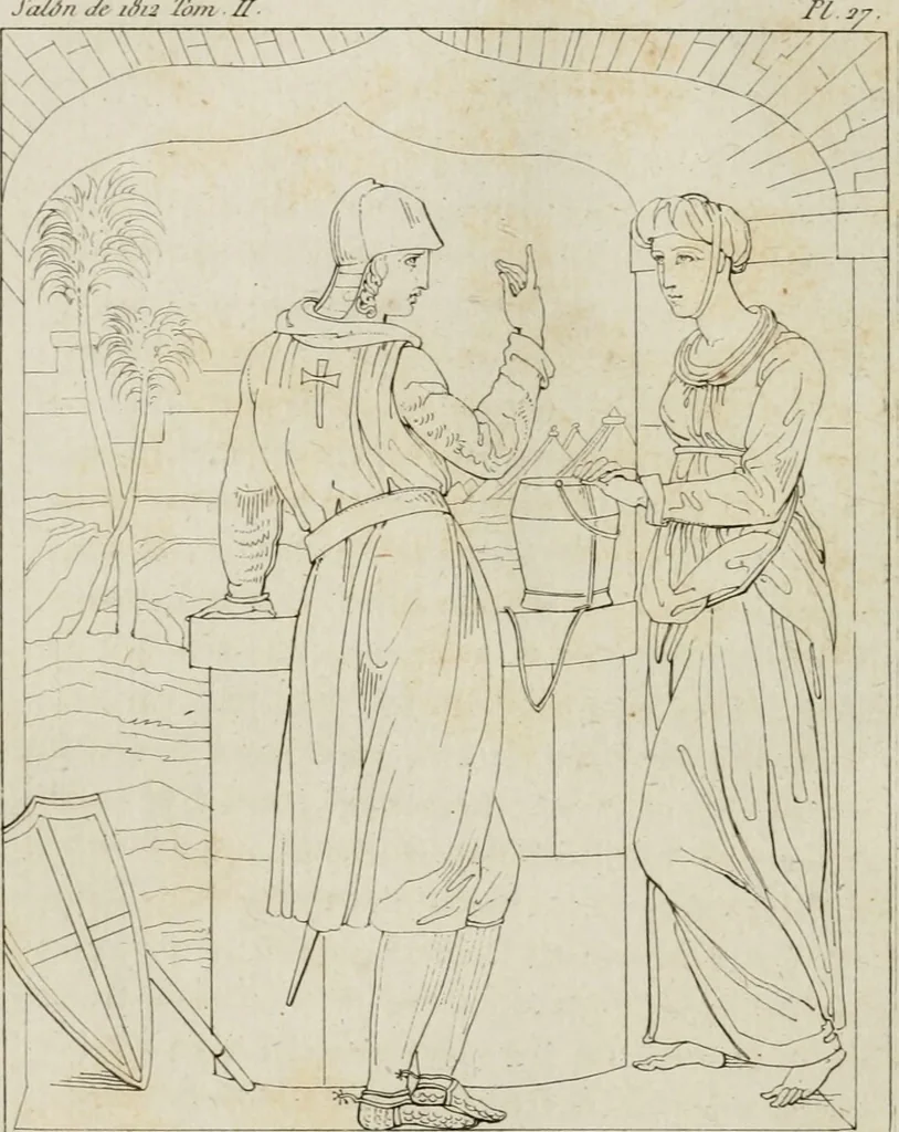 An illustration from Annales du musée et de l'école moderne des beaux-arts : recueil de gravures au trait, d'après les principaux ouvrages de peinture, sculpture, ou projets d'architecture, qui, chaque année, ont remporté le prix, soit aux écoles spéciales, soit aux concours nationaux : les productions des artistes en tous genres, qui, aux différentes expositions, ont été citées avec éloges : les morceaux les plus estimés ou inédits de la galerie de peinture : la suite complète de celle des antiques : édifices anciens et modernes, etc., 1800, leaf 91