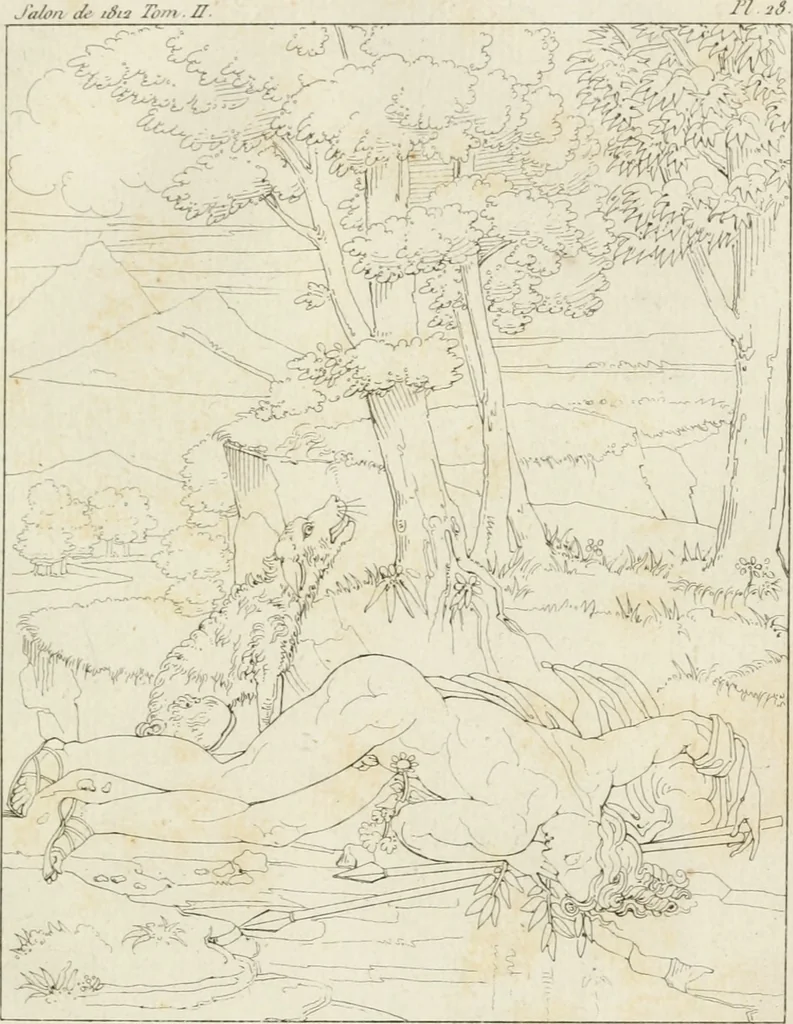 An illustration from Annales du musée et de l'école moderne des beaux-arts : recueil de gravures au trait, d'après les principaux ouvrages de peinture, sculpture, ou projets d'architecture, qui, chaque année, ont remporté le prix, soit aux écoles spéciales, soit aux concours nationaux : les productions des artistes en tous genres, qui, aux différentes expositions, ont été citées avec éloges : les morceaux les plus estimés ou inédits de la galerie de peinture : la suite complète de celle des antiques : édifices anciens et modernes, etc., 1800, leaf 94