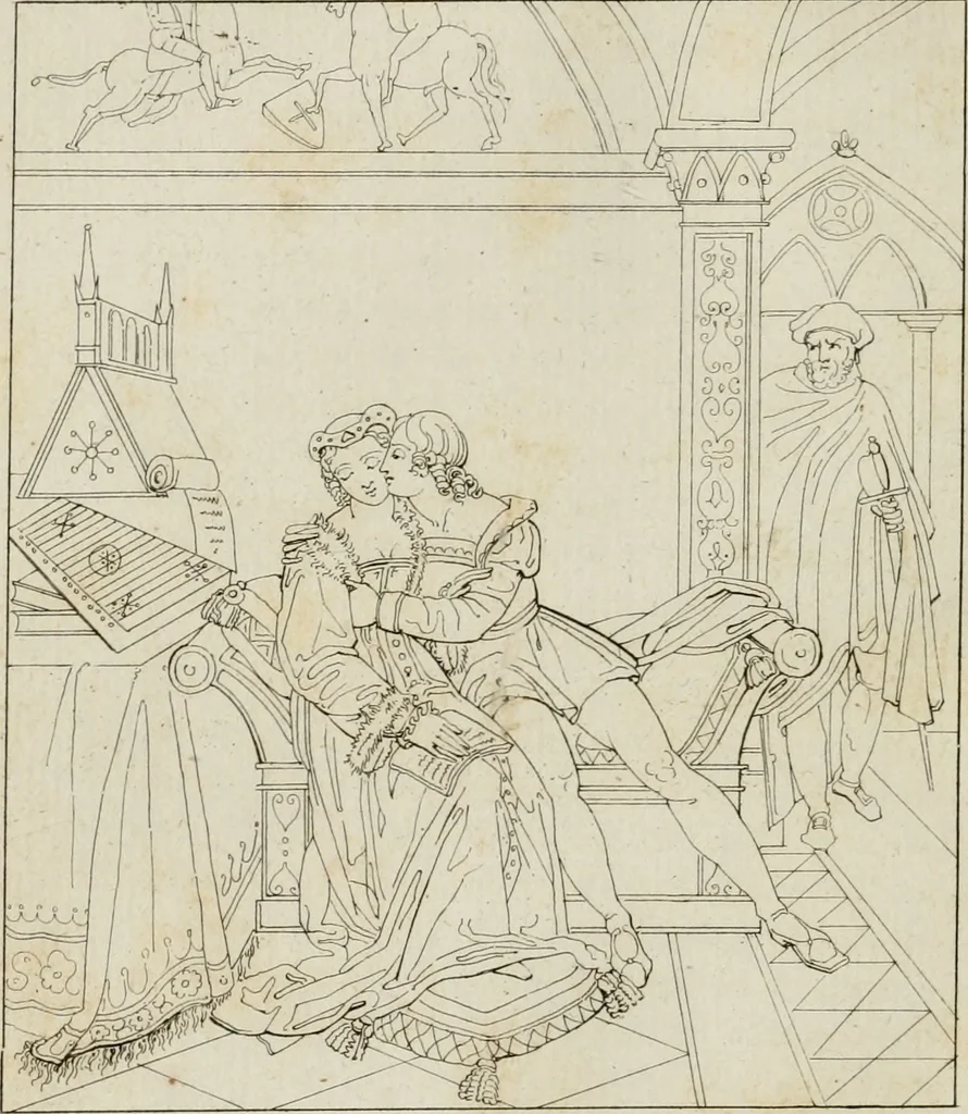 An illustration from Annales du musée et de l'école moderne des beaux-arts : recueil de gravures au trait, d'après les principaux ouvrages de peinture, sculpture, ou projets d'architecture, qui, chaque année, ont remporté le prix, soit aux écoles spéciales, soit aux concours nationaux : les productions des artistes en tous genres, qui, aux différentes expositions, ont été citées avec éloges : les morceaux les plus estimés ou inédits de la galerie de peinture : la suite complète de celle des antiques : édifices anciens et modernes, etc., 1800, leaf 97