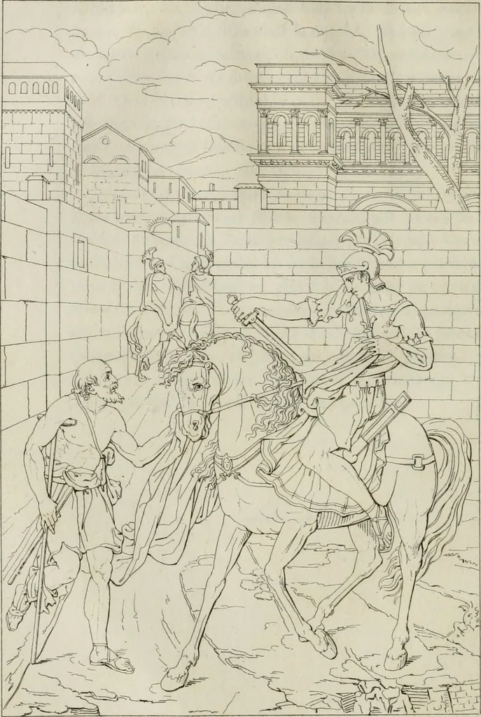 An illustration from Annales du musée et de l'école moderne des beaux-arts : recueil de gravures au trait, d'après les principaux ouvrages de peinture, sculpture, ou projets d'architecture, qui, chaque année, ont remporté le prix, soit aux écoles spéciales, soit aux concours nationaux : les productions des artistes en tous genres, qui, aux différentes expositions, ont été citées avec éloges : les morceaux les plus estimés ou inédits de la galerie de peinture : la suite complète de celle des antiques : édifices anciens et modernes, etc., 1800, leaf 105