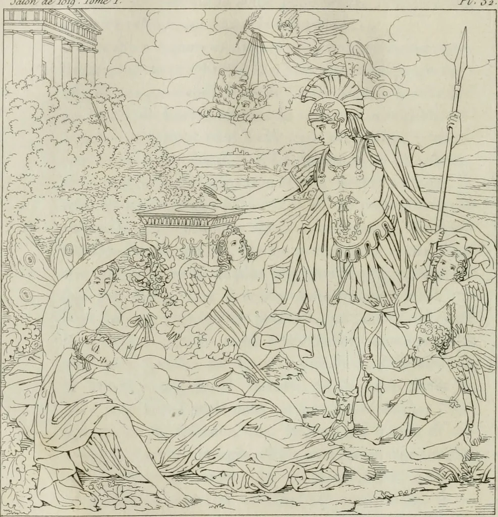 An illustration from Annales du musée et de l'école moderne des beaux-arts : recueil de gravures au trait, d'après les principaux ouvrages de peinture, sculpture, ou projets d'architecture, qui, chaque année, ont remporté le prix, soit aux écoles spéciales, soit aux concours nationaux : les productions des artistes en tous genres, qui, aux différentes expositions, ont été citées avec éloges : les morceaux les plus estimés ou inédits de la galerie de peinture : la suite complète de celle des antiques : édifices anciens et modernes, etc., 1800, leaf 113