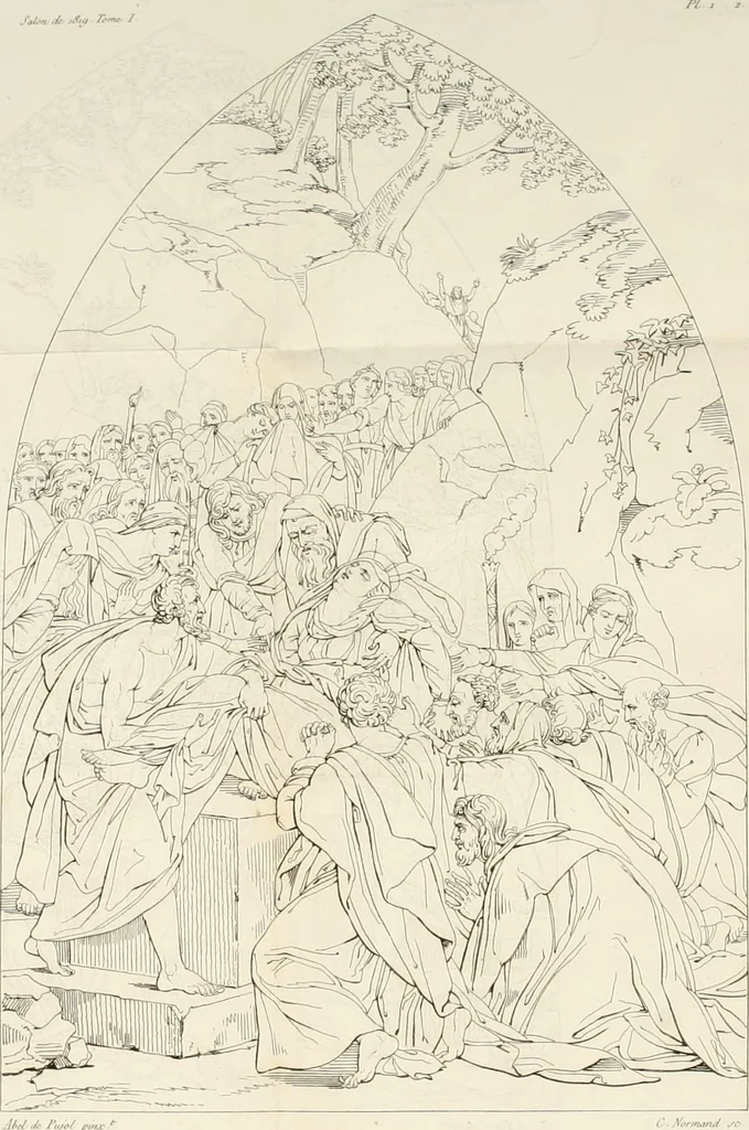 An illustration from Annales du musée et de l'école moderne des beaux-arts : recueil de gravures au trait, d'après les principaux ouvrages de peinture, sculpture, ou projets d'architecture, qui, chaque année, ont remporté le prix, soit aux écoles spéciales, soit aux concours nationaux : les productions des artistes en tous genres, qui, aux différentes expositions, ont été citées avec éloges : les morceaux les plus estimés ou inédits de la galerie de peinture : la suite complète de celle des antiques : édifices anciens et modernes, etc., 1800, leaf 12