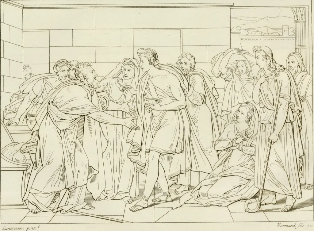 An illustration from Annales du musée et de l'école moderne des beaux-arts : recueil de gravures au trait, d'après les principaux ouvrages de peinture, sculpture, ou projets d'architecture, qui, chaque année, ont remporté le prix, soit aux écoles spéciales, soit aux concours nationaux : les productions des artistes en tous genres, qui, aux différentes expositions, ont été citées avec éloges : les morceaux les plus estimés ou inédits de la galerie de peinture : la suite complète de celle des antiques : édifices anciens et modernes, etc., 1800, leaf 124