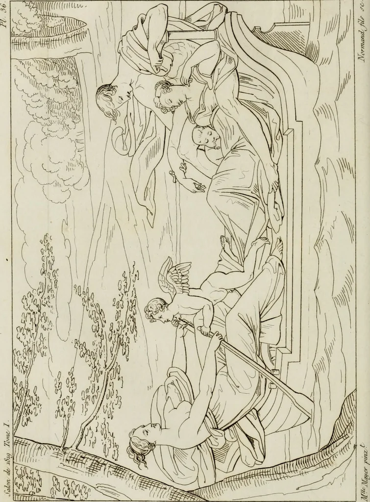 An illustration from Annales du musée et de l'école moderne des beaux-arts : recueil de gravures au trait, d'après les principaux ouvrages de peinture, sculpture, ou projets d'architecture, qui, chaque année, ont remporté le prix, soit aux écoles spéciales, soit aux concours nationaux : les productions des artistes en tous genres, qui, aux différentes expositions, ont été citées avec éloges : les morceaux les plus estimés ou inédits de la galerie de peinture : la suite complète de celle des antiques : édifices anciens et modernes, etc., 1800, leaf 127