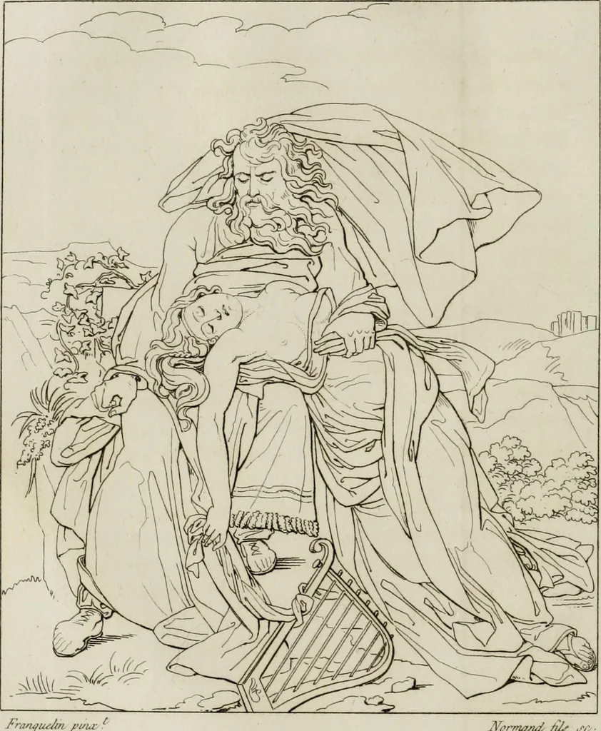 An illustration from Annales du musée et de l'école moderne des beaux-arts : recueil de gravures au trait, d'après les principaux ouvrages de peinture, sculpture, ou projets d'architecture, qui, chaque année, ont remporté le prix, soit aux écoles spéciales, soit aux concours nationaux : les productions des artistes en tous genres, qui, aux différentes expositions, ont été citées avec éloges : les morceaux les plus estimés ou inédits de la galerie de peinture : la suite complète de celle des antiques : édifices anciens et modernes, etc., 1800, leaf 139