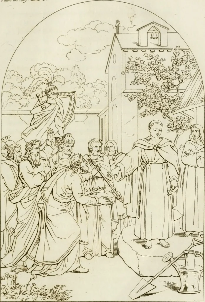 An illustration from Annales du musée et de l'école moderne des beaux-arts : recueil de gravures au trait, d'après les principaux ouvrages de peinture, sculpture, ou projets d'architecture, qui, chaque année, ont remporté le prix, soit aux écoles spéciales, soit aux concours nationaux : les productions des artistes en tous genres, qui, aux différentes expositions, ont été citées avec éloges : les morceaux les plus estimés ou inédits de la galerie de peinture : la suite complète de celle des antiques : édifices anciens et modernes, etc., 1800, leaf 142