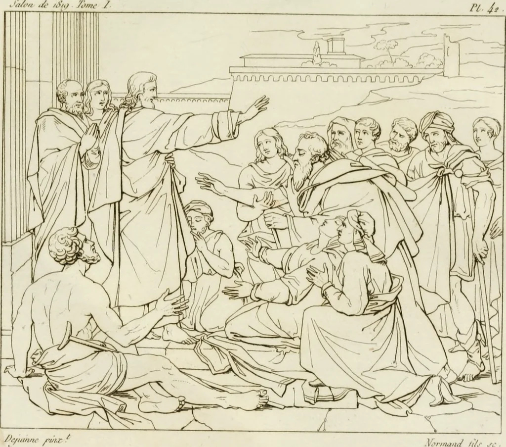An illustration from Annales du musée et de l'école moderne des beaux-arts : recueil de gravures au trait, d'après les principaux ouvrages de peinture, sculpture, ou projets d'architecture, qui, chaque année, ont remporté le prix, soit aux écoles spéciales, soit aux concours nationaux : les productions des artistes en tous genres, qui, aux différentes expositions, ont été citées avec éloges : les morceaux les plus estimés ou inédits de la galerie de peinture : la suite complète de celle des antiques : édifices anciens et modernes, etc., 1800, leaf 146