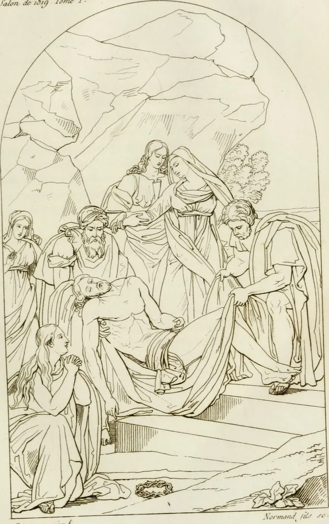 An illustration from Annales du musée et de l'école moderne des beaux-arts : recueil de gravures au trait, d'après les principaux ouvrages de peinture, sculpture, ou projets d'architecture, qui, chaque année, ont remporté le prix, soit aux écoles spéciales, soit aux concours nationaux : les productions des artistes en tous genres, qui, aux différentes expositions, ont été citées avec éloges : les morceaux les plus estimés ou inédits de la galerie de peinture : la suite complète de celle des antiques : édifices anciens et modernes, etc., 1800, leaf 152